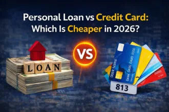 Comparison of personal loan and credit card interest rates shown on a calculator with Indian rupee notes.