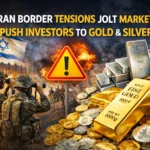 Indian stock market screen in red with gold and silver bars symbolising safe-haven shift during Iran tensions