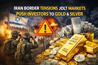 Indian stock market screen in red with gold and silver bars symbolising safe-haven shift during Iran tensions