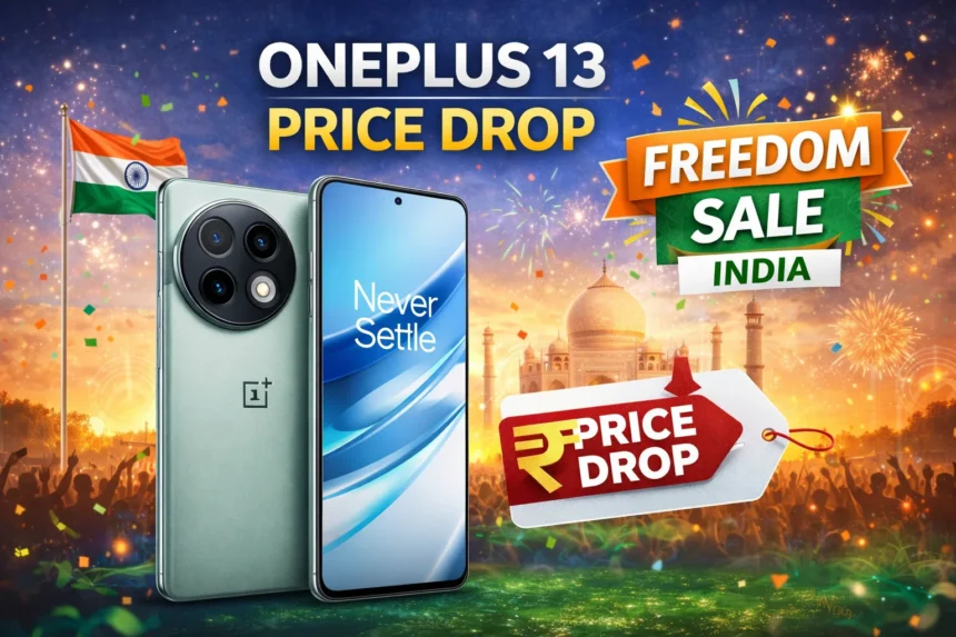 OnePlus 13 smartphone with Republic Day sale banner showing discounted price in India