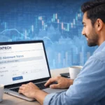 Indian investor checking IPO allotment status on KFINTECH website using a laptop with stock market charts in the background.