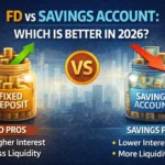 Indian saver comparing fixed deposit and savings account returns on a smartphone with rupee notes and a bank passbook.