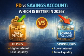 Indian saver comparing fixed deposit and savings account returns on a smartphone with rupee notes and a bank passbook.