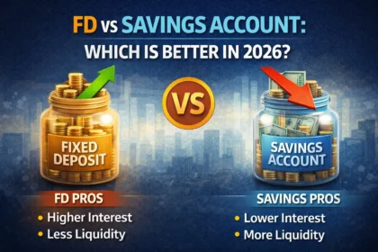 Indian saver comparing fixed deposit and savings account returns on a smartphone with rupee notes and a bank passbook.