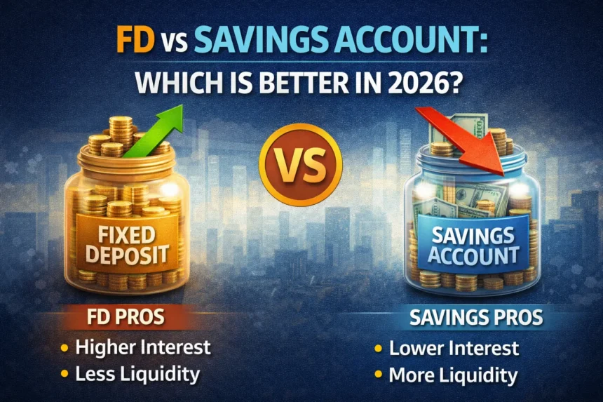 Indian saver comparing fixed deposit and savings account returns on a smartphone with rupee notes and a bank passbook.