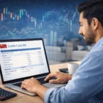 Indian user calculating credit card interest on a laptop with bill statement, calculator, and rupee notes on desk.