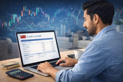 Indian user calculating credit card interest on a laptop with bill statement, calculator, and rupee notes on desk.