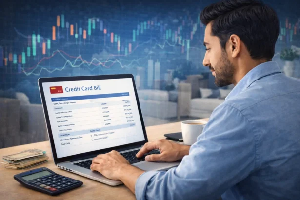 Indian user calculating credit card interest on a laptop with bill statement, calculator, and rupee notes on desk.