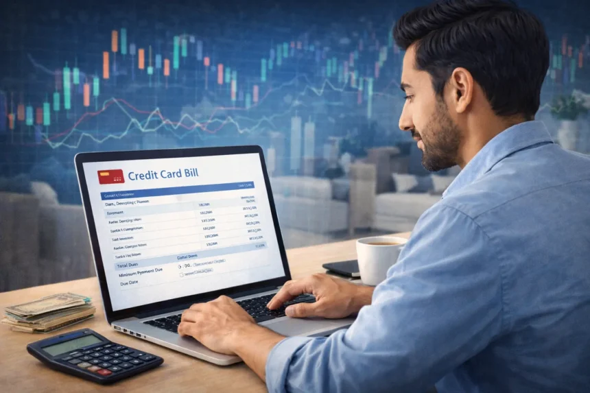 Indian user calculating credit card interest on a laptop with bill statement, calculator, and rupee notes on desk.