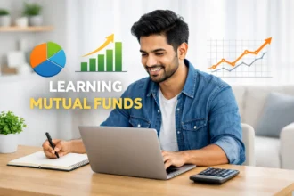 First-time Indian investor learning mutual funds on a laptop with simple growth charts and notebook on desk.