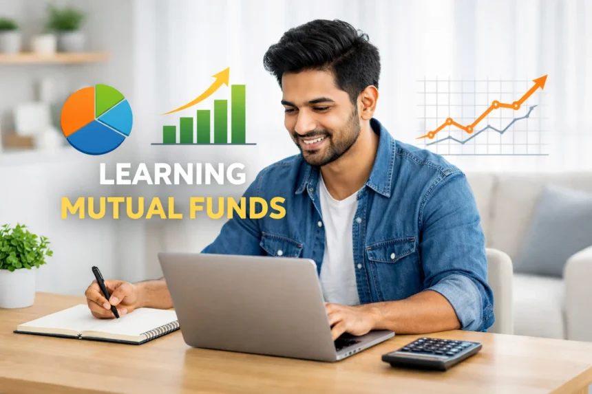 First-time Indian investor learning mutual funds on a laptop with simple growth charts and notebook on desk.
