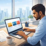 Indian salaried professional comparing credit cards on a laptop with salary slip and rupee notes on desk.