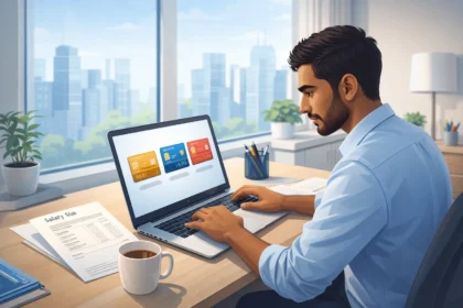 Indian salaried professional comparing credit cards on a laptop with salary slip and rupee notes on desk.