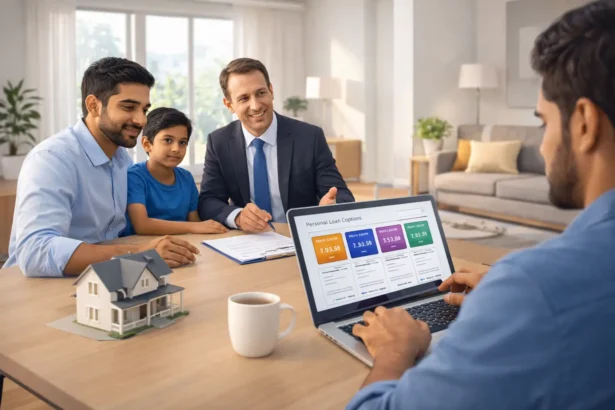 Indian family comparing home loan and personal loan options with bank documents and calculator on table.