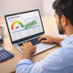 Indian borrower checking CIBIL score on a laptop with bank documents and calculator on table.