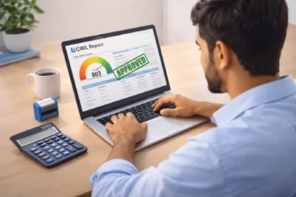Indian borrower checking CIBIL score on a laptop with bank documents and calculator on table.