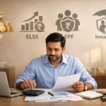 Indian taxpayer planning investments under Section 80C using a laptop, calculator, and financial documents.