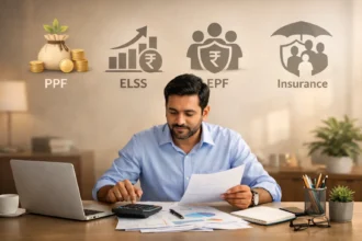 Indian taxpayer planning investments under Section 80C using a laptop, calculator, and financial documents.