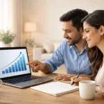 Indian investors reviewing SIP mutual fund performance for long-term goals on a laptop.