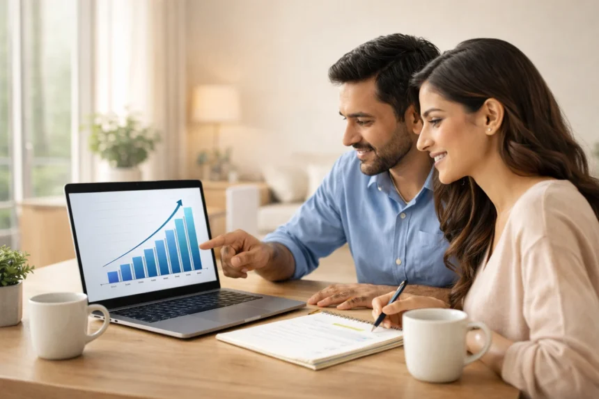 Indian investors reviewing SIP mutual fund performance for long-term goals on a laptop.
