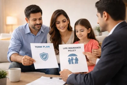 Indian family comparing term insurance and life insurance policies with advisor at home.
