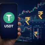 USDT stablecoin displayed on smartphone with Indian rupee symbols and crypto trading charts in background.