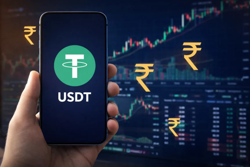 USDT stablecoin displayed on smartphone with Indian rupee symbols and crypto trading charts in background.