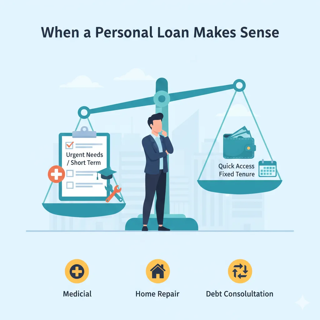 Illustration showing situations where a personal loan makes sense, including medical costs, home repair, and debt consolidation
