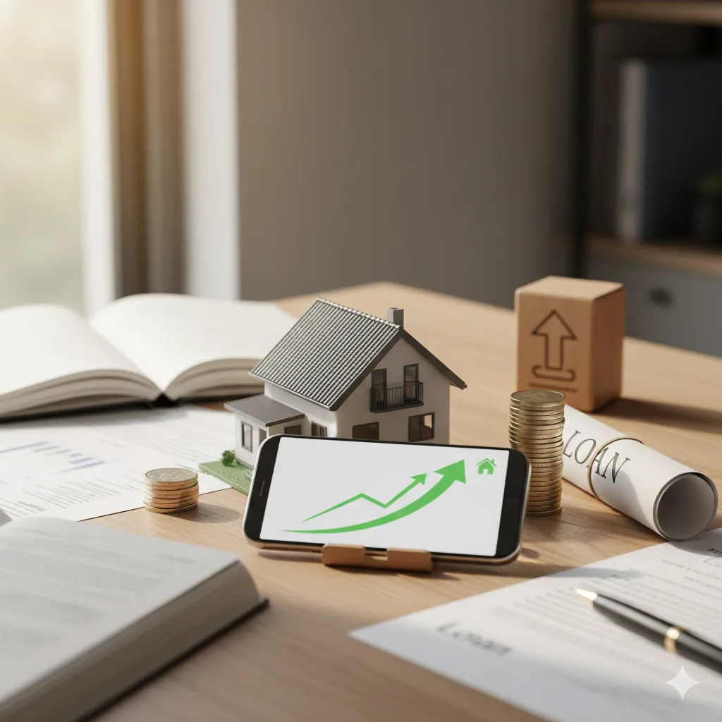 Illustration showing home loan principal repayment with house model, stacked coins, and upward financial graph
