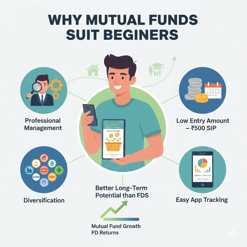Why mutual funds suit beginners showing professional management, diversification, low SIP amount, and easy tracking