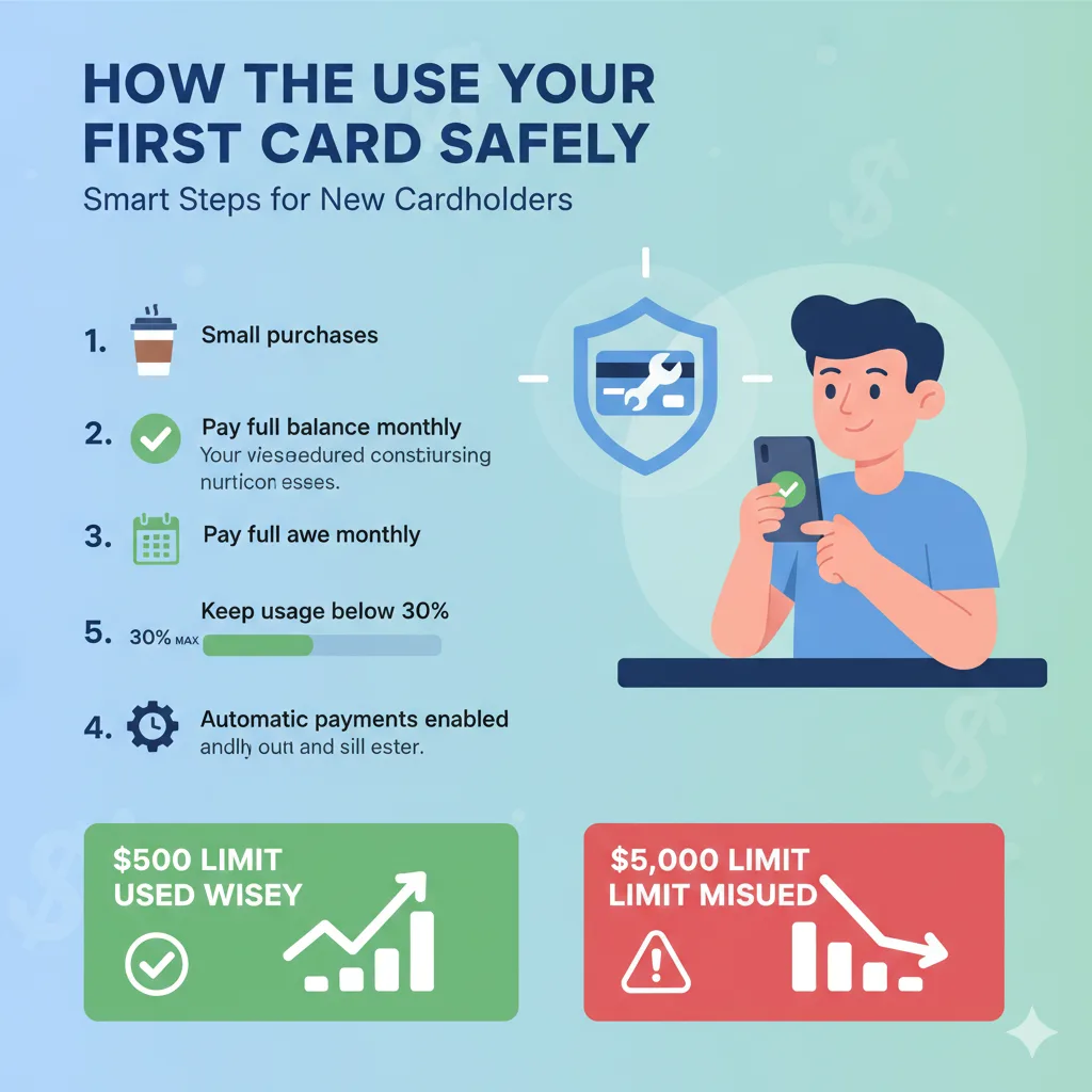 How to use your first credit card safely with tips on small purchases, full payments, and low credit utilization