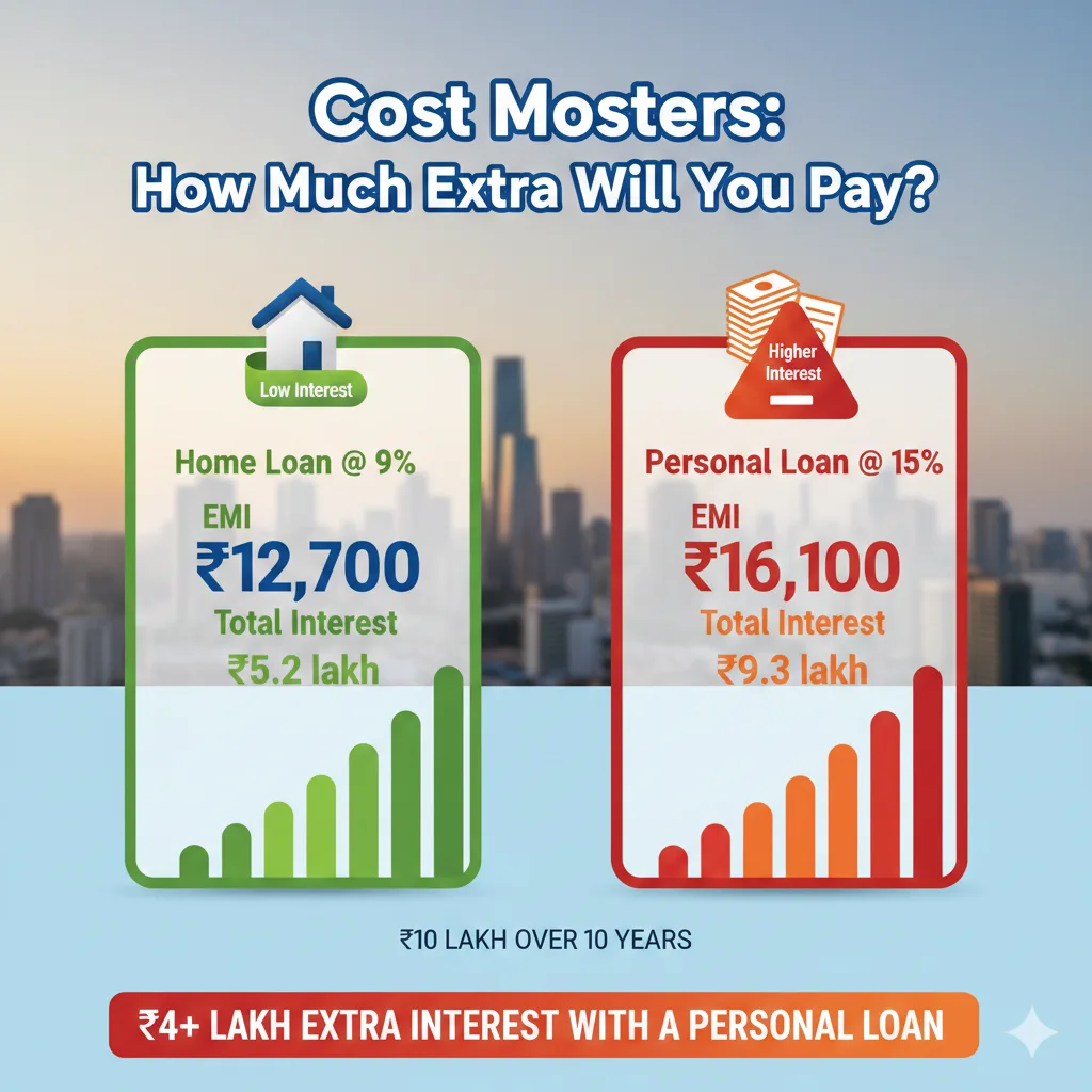 Home loan at 9% versus personal loan at 15% showing higher EMI and extra interest cost for personal loans