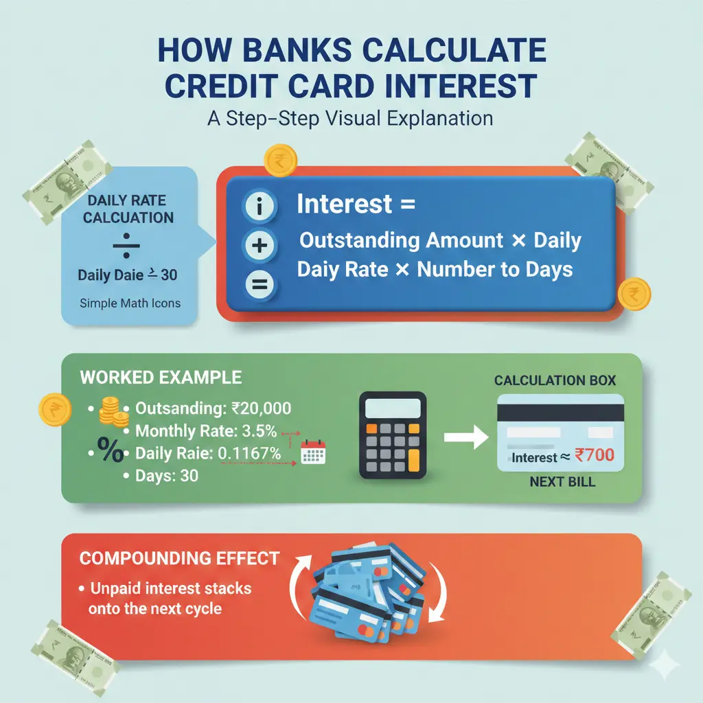 How banks calculate credit card interest showing daily rate calculation, worked example, and compounding effect