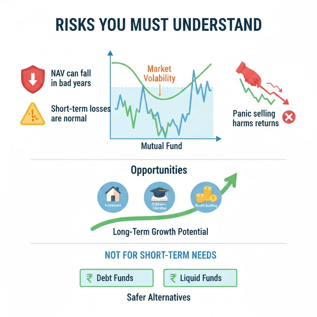 Mutual fund risks explained showing market volatility, short-term losses, and long-term growth potential