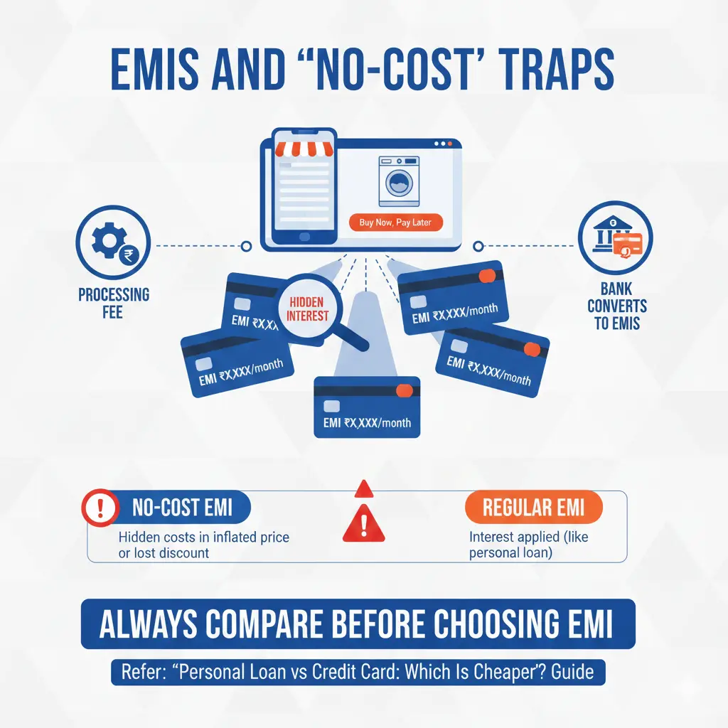 EMIs and no-cost EMI traps showing hidden interest, processing fees, and bank conversion to EMIs