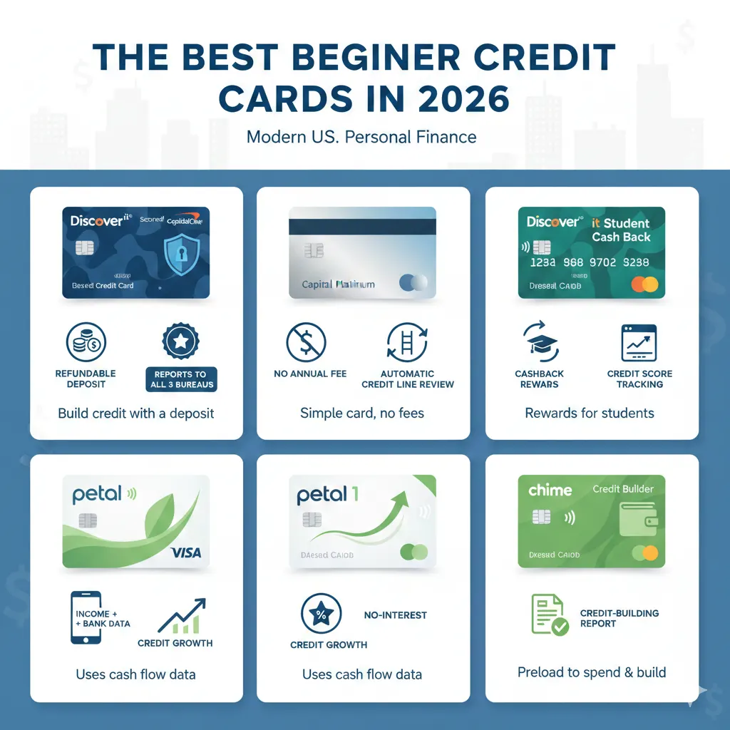 Best beginner credit cards in 2026 highlighting secured, student, and credit builder cards
