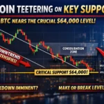 Bitcoin daily chart showing decline from $120,000 peak to near $64,000 support level.