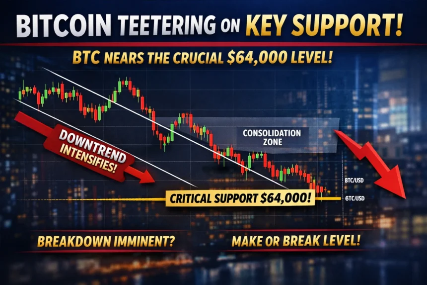 Bitcoin daily chart showing decline from $120,000 peak to near $64,000 support level.