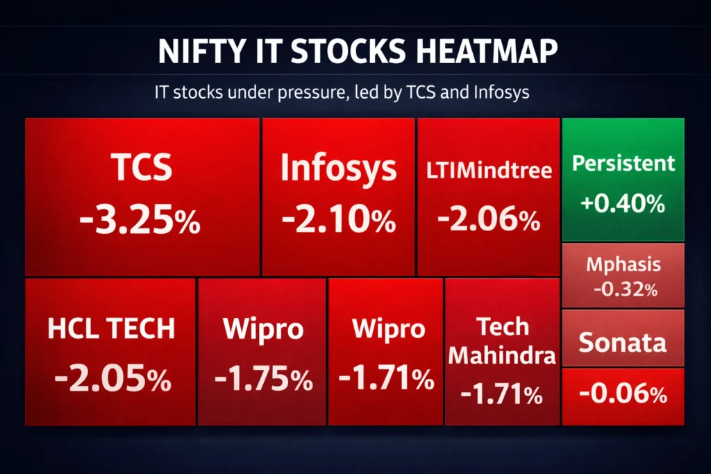 Heatmap of Nifty IT stocks displaying mostly red blocks indicating losses. TCS (-3.25%), Infosys (-2.10%), LTIMindtree (-2.06%), HCL Tech (-2.05%), Wipro (-1.75%), and Tech Mahindra (-1.71%) are down, while Persistent shows a small gain of +0.40% in green. The layout visually represents sector-wide weakness with one outperformer.