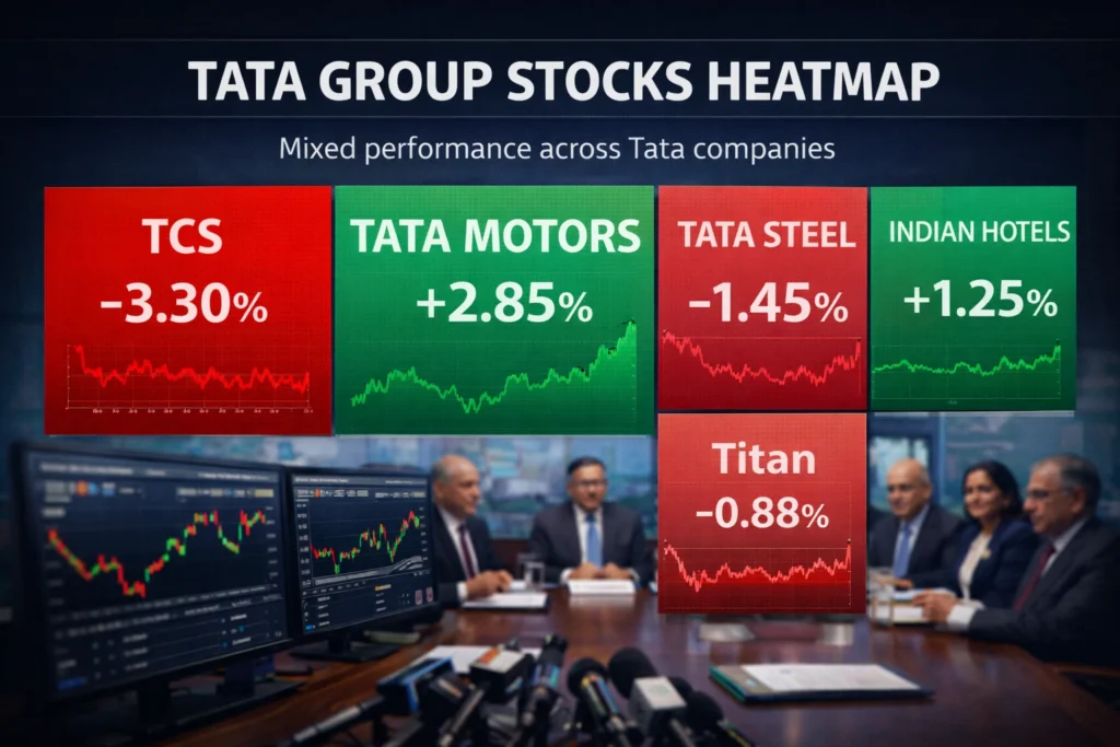 Heatmap of Tata Group stocks with embedded mini line charts showing price trends. TCS (-3.30%), Tata Steel (-1.45%), and Titan (-0.88%) appear in red indicating losses, while Tata Motors (+2.85%) and Indian Hotels (+1.25%) appear in green indicating gains. Background includes a blurred boardroom setting and trading screens, suggesting active market movement and corporate developments.