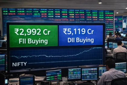 FIIs and DIIs net buyers in Indian markets despite flat Nifty session.