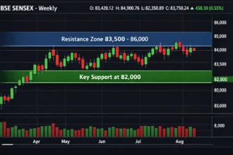 Sensex weekly chart showing consolidation near 82,000 ahead of expiry.