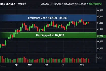 Sensex weekly chart showing consolidation near 82,000 ahead of expiry.