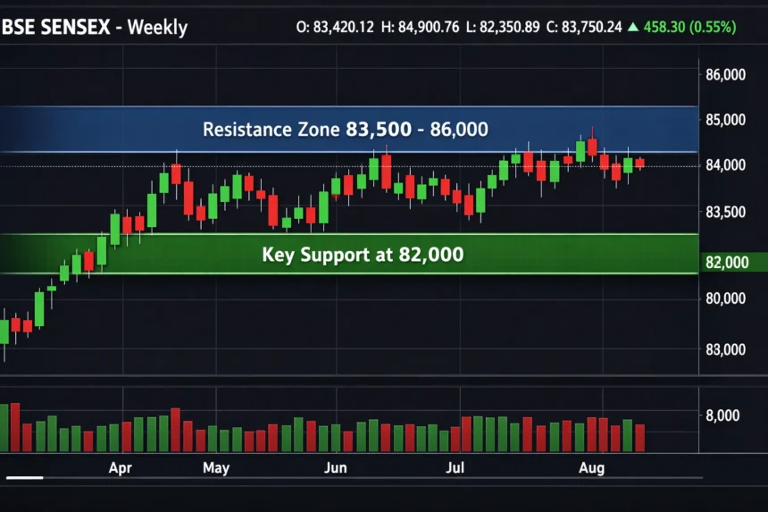Sensex weekly chart showing consolidation near 82,000 ahead of expiry.