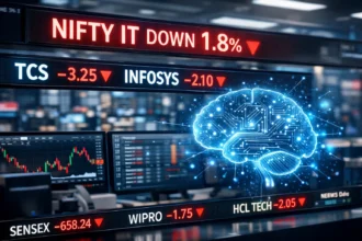 Nifty IT index falls 1.8% as TCS and Infosys decline amid AI disruption concerns.