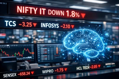 Nifty IT index falls 1.8% as TCS and Infosys decline amid AI disruption concerns.