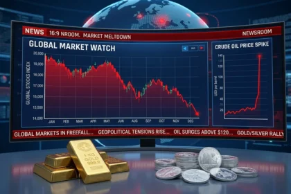 Gold and silver prices fall amid Iran-US uncertainty and oil surge.
