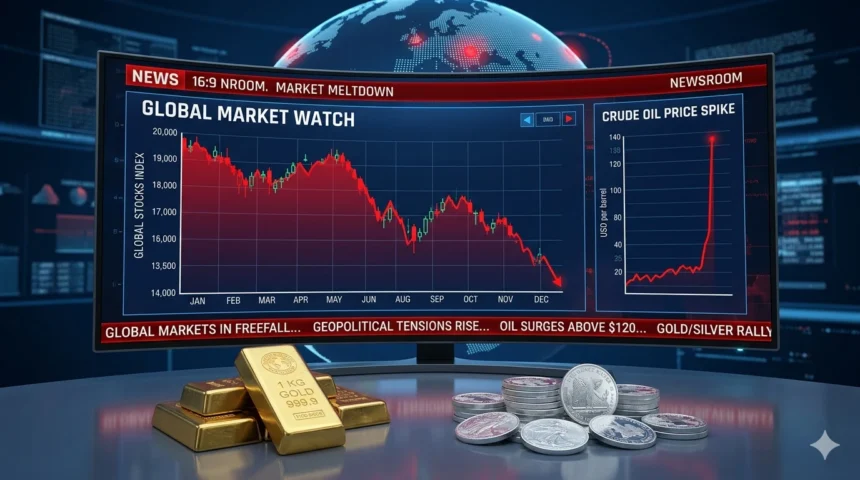 Gold and silver prices fall amid Iran-US uncertainty and oil surge.