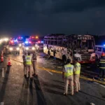 Emergency teams at the site of a bus fire accident in Prakasam district.