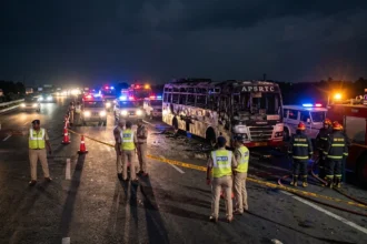 Emergency teams at the site of a bus fire accident in Prakasam district.